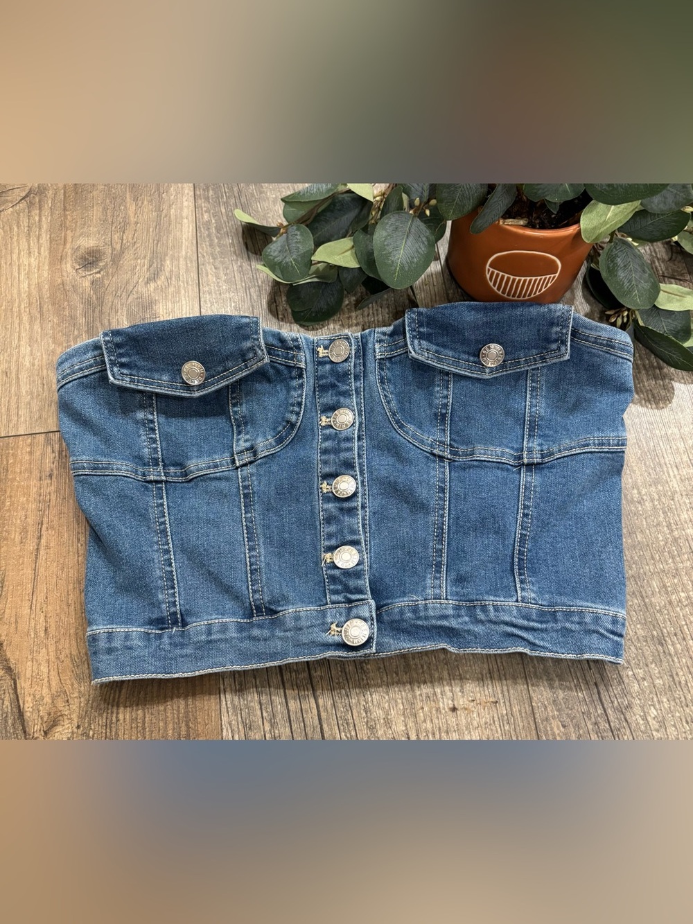 Women’s Blue Denim Button-Front Bustier Top